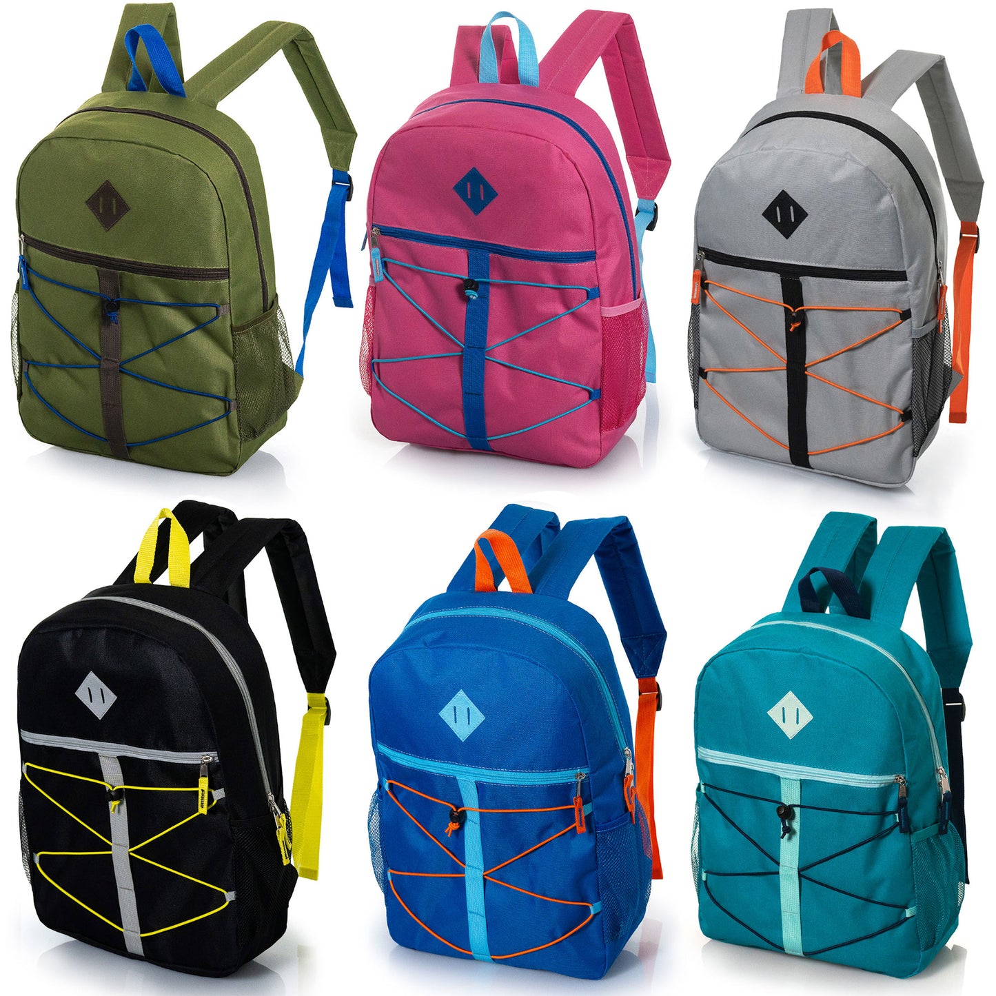 17" Bungee Cord Design Wholesale Backpacks in 12 Colors / Patterns - Bulk Case of 24 ($6.50 / UNIT - ITEM: DWBP-359-24)