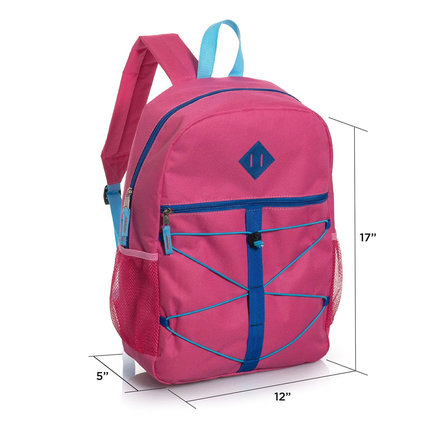 17" Bungee Cord & Daisy Chain Design Wholesale Backpacks in 12 Assorted Colors - Bulk Case of 24 ($6.55 / UNIT - ITEM: DWBP-360-24)