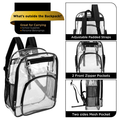 12  Deluxe 17" Clear Wholesale Backpacks in Black Trim & 12 Bulk School Supply Kits | Choose Your Kit
