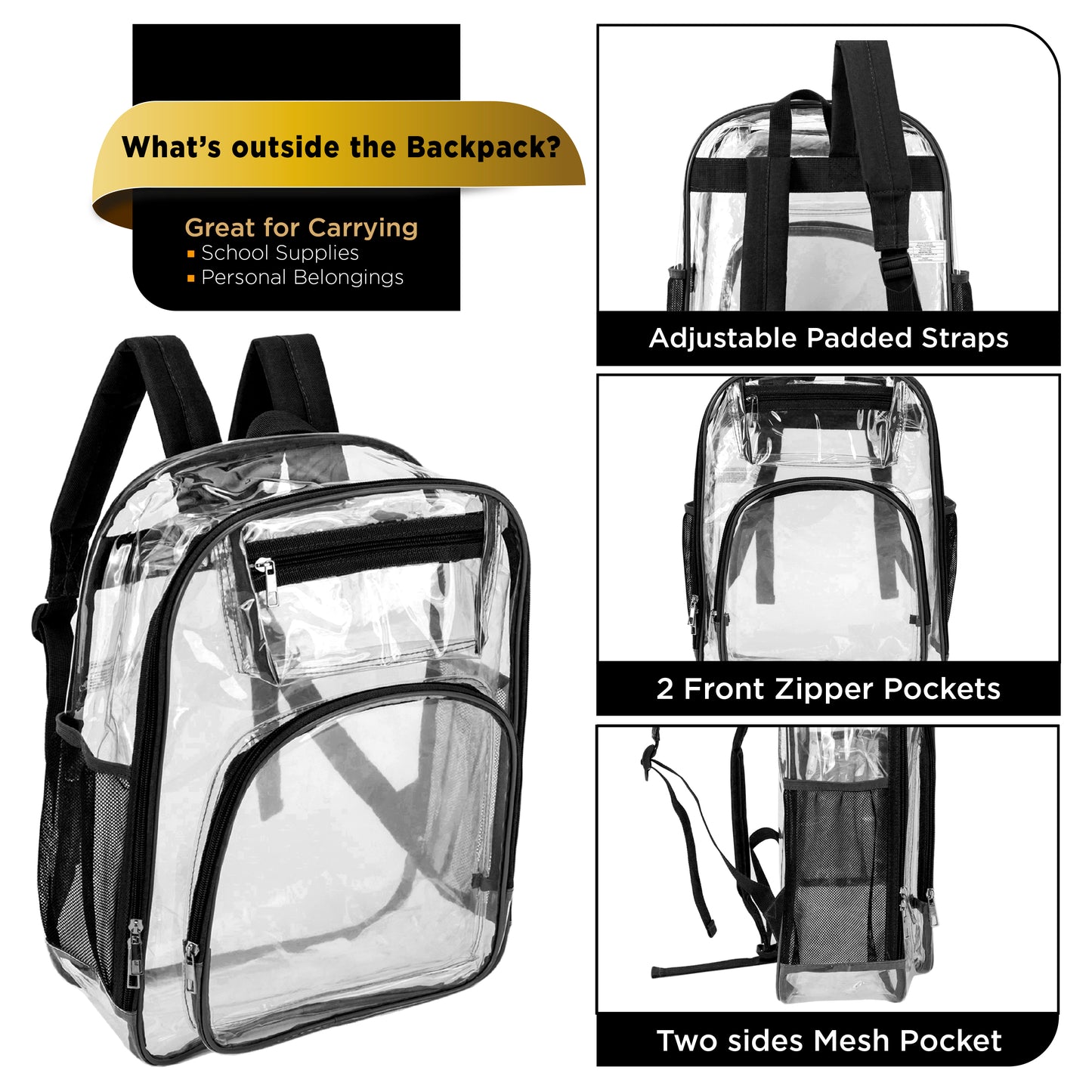 12  Deluxe 17" Clear Wholesale Backpacks in Black Trim & 12 Bulk School Supply Kits | Choose Your Kit