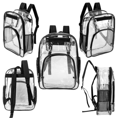 12  Deluxe 17" Clear Wholesale Backpacks in Black Trim & 12 Bulk School Supply Kits | Choose Your Kit