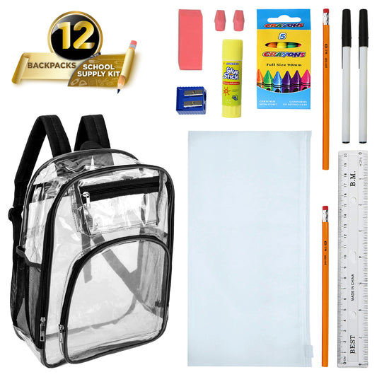 12  Deluxe 17" Clear Wholesale Backpacks in Black Trim & 12 Bulk School Supply Kits | Choose Your Kit