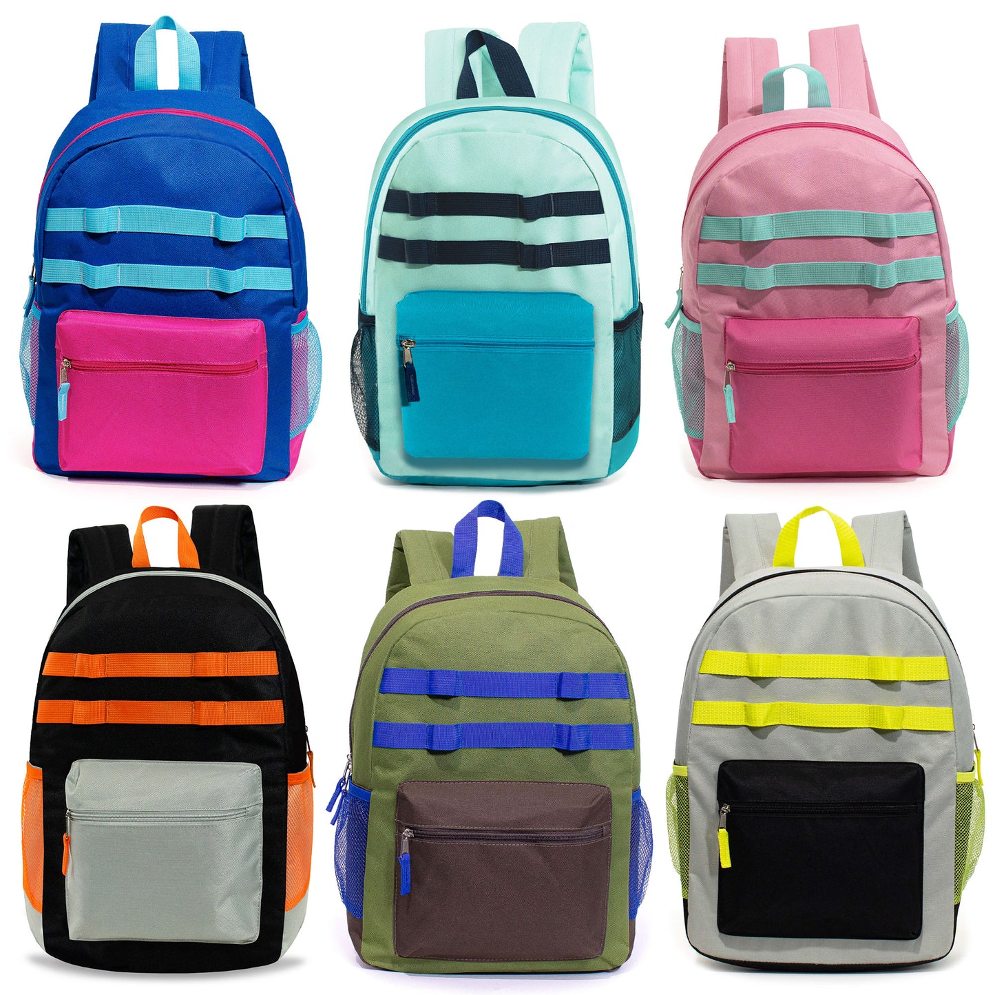 17" Bungee Cord & Daisy Chain Design Wholesale Backpacks in 12 Assorted Colors - Bulk Case of 24 ($6.55 / UNIT - ITEM: DWBP-360-24)