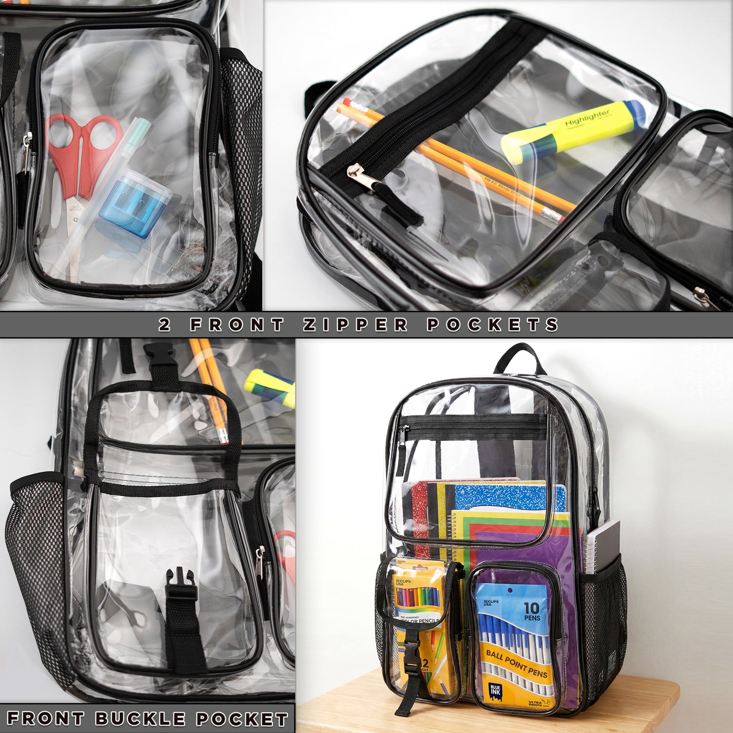 17" Premium Clear Wholesale Backpacks with Black Trim - Bulk Case of 24 ($11.00 / UNIT - ITEM: DWBP-366-24)