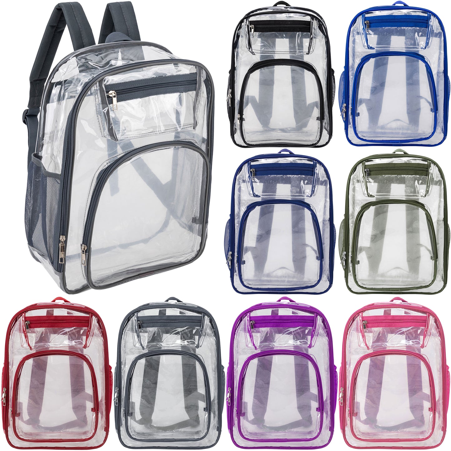 17" Premium Clear Wholesale Backpacks in 8 Colors - Bulk Case of 24 ($11.25 / UNIT - ITEM: DWBP-301-24)
