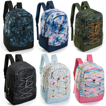 19" Large Bungee Wholesale Backpacks in 6 Prints / Colors - Bulk Case of 24 ($10.00 / UNIT - ITEM: DWBP-363-24)