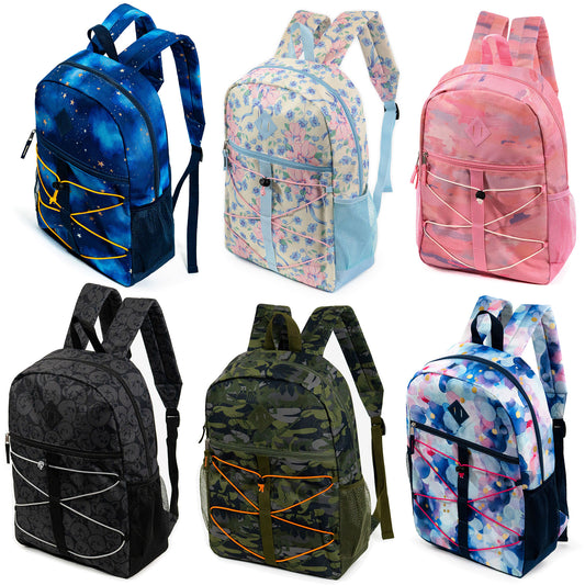 17" Bungee Wholesale Backpacks in 6 Patterns / Colors - Bulk Case of 24 ($6.70 / UNIT - ITEM: DWBP-358-24)