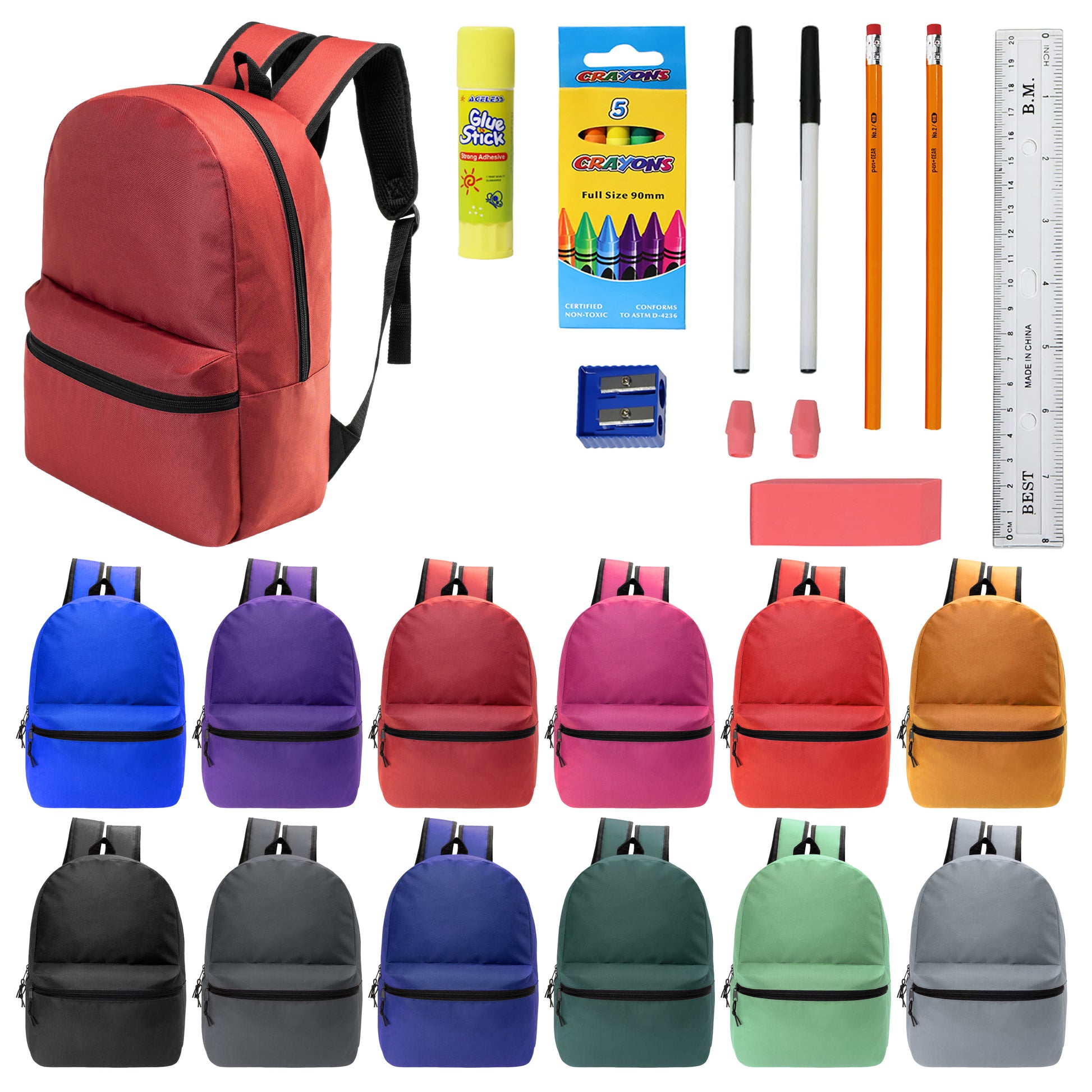 Blank Solid Color 17" Backpacks with Bulk School Supplies