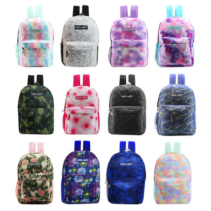 17" Printed Wholesale Backpacks in 12 Patterns / Colors - Bulk Case of 24 ($7.50 / UNIT - ITEM: DWBP-203-24)