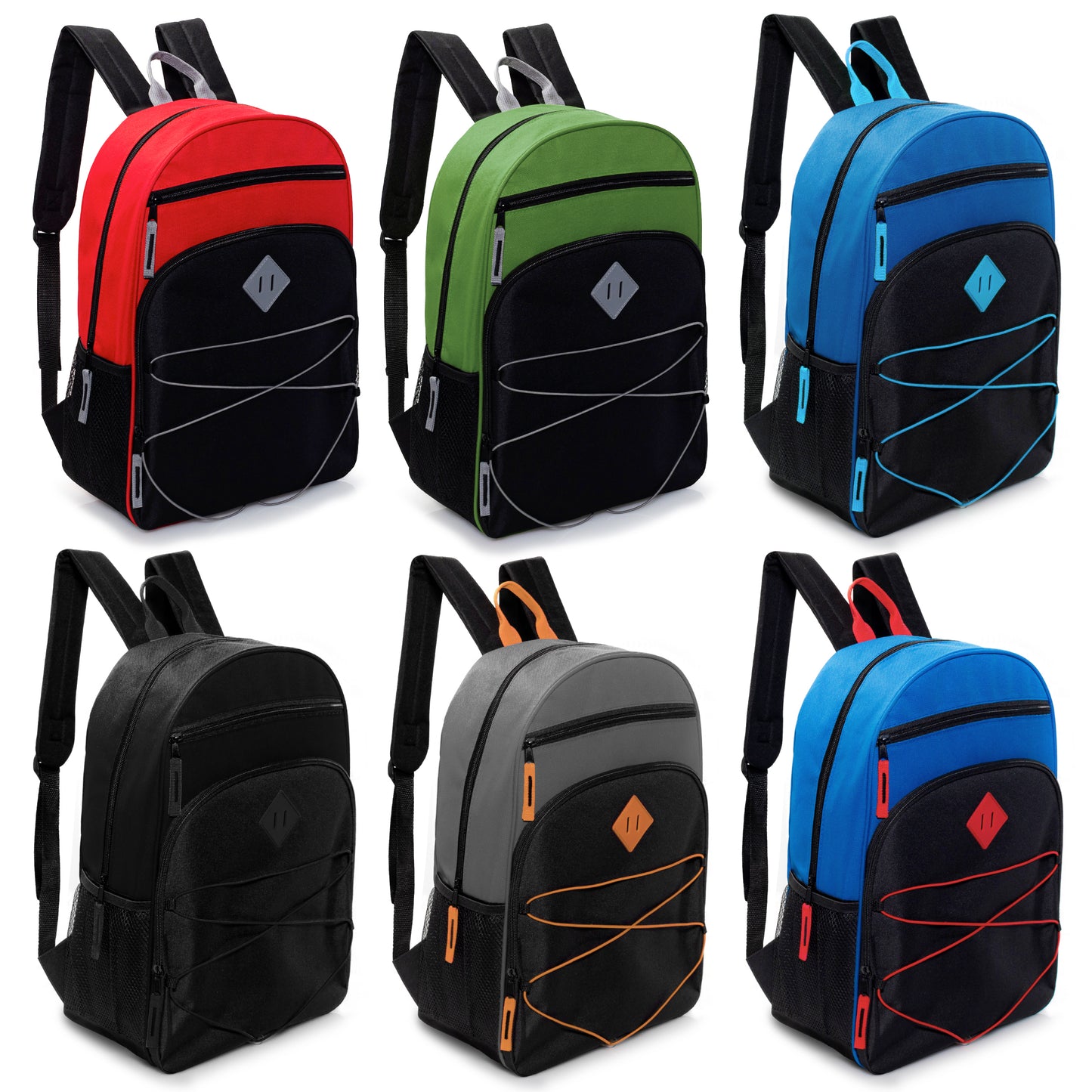 17" Bungee Design Wholesale Backpacks in 6 Color Combos - Bulk Case of 24 ($5.65 / UNIT - ITEM: DWBP-364-24)