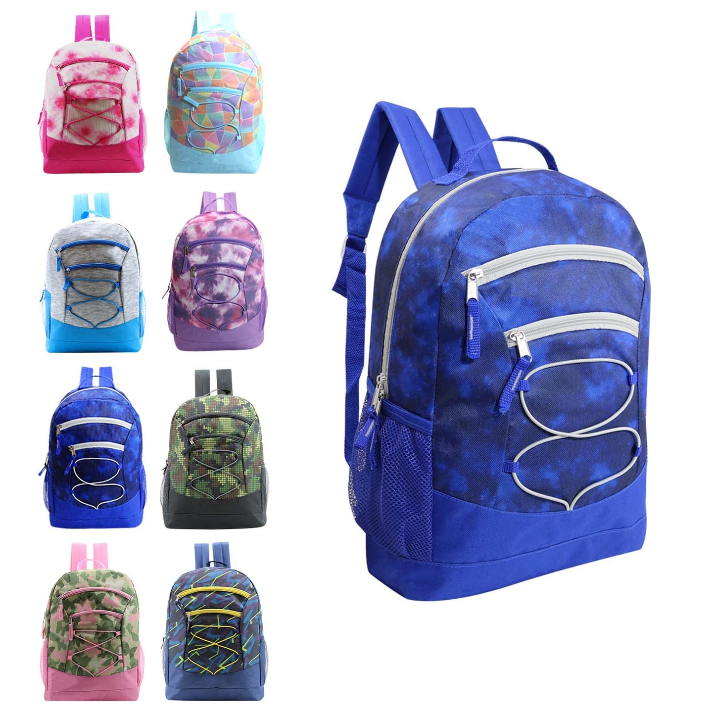 17" Bungee Wholesale Backpacks in 8 Assorted Colors - Bulk Case of 24 ($9.50 / UNIT - ITEM: DWBP-197-24)