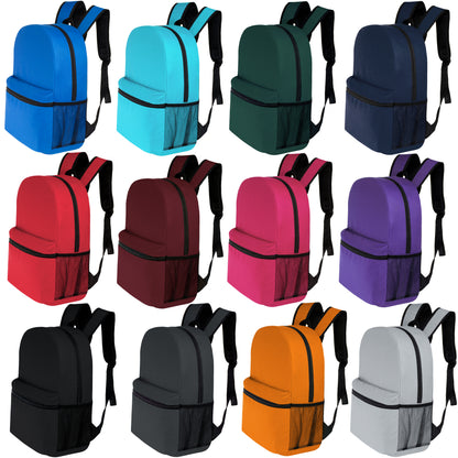 Wholesale 17" Backpacks with a Side Pocket in 12 Solid Colors - Bulk Case of 24 ($4.20 / UNIT - ITEM: DWBP-355-24)