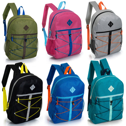 17" Bungee Cord Design Wholesale Backpacks in 6 Colors - Bulk Case of 24 ($6.45 / UNIT - ITEM: DWBP-357-24)