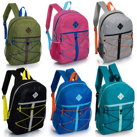 17" Bungee Cord Design Wholesale Backpacks in 6 Colors - Bulk Case of 24 ($6.45 / UNIT - ITEM: DWBP-357-24)