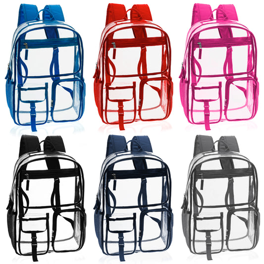 17" Premium Clear Wholesale Backpacks in Assorted Colors - Bulk Case of 24 ($11.00 / UNIT - ITEM: DWBP-367-24)