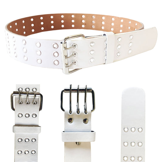Men's wholesale triple hole leather grommet belt in white