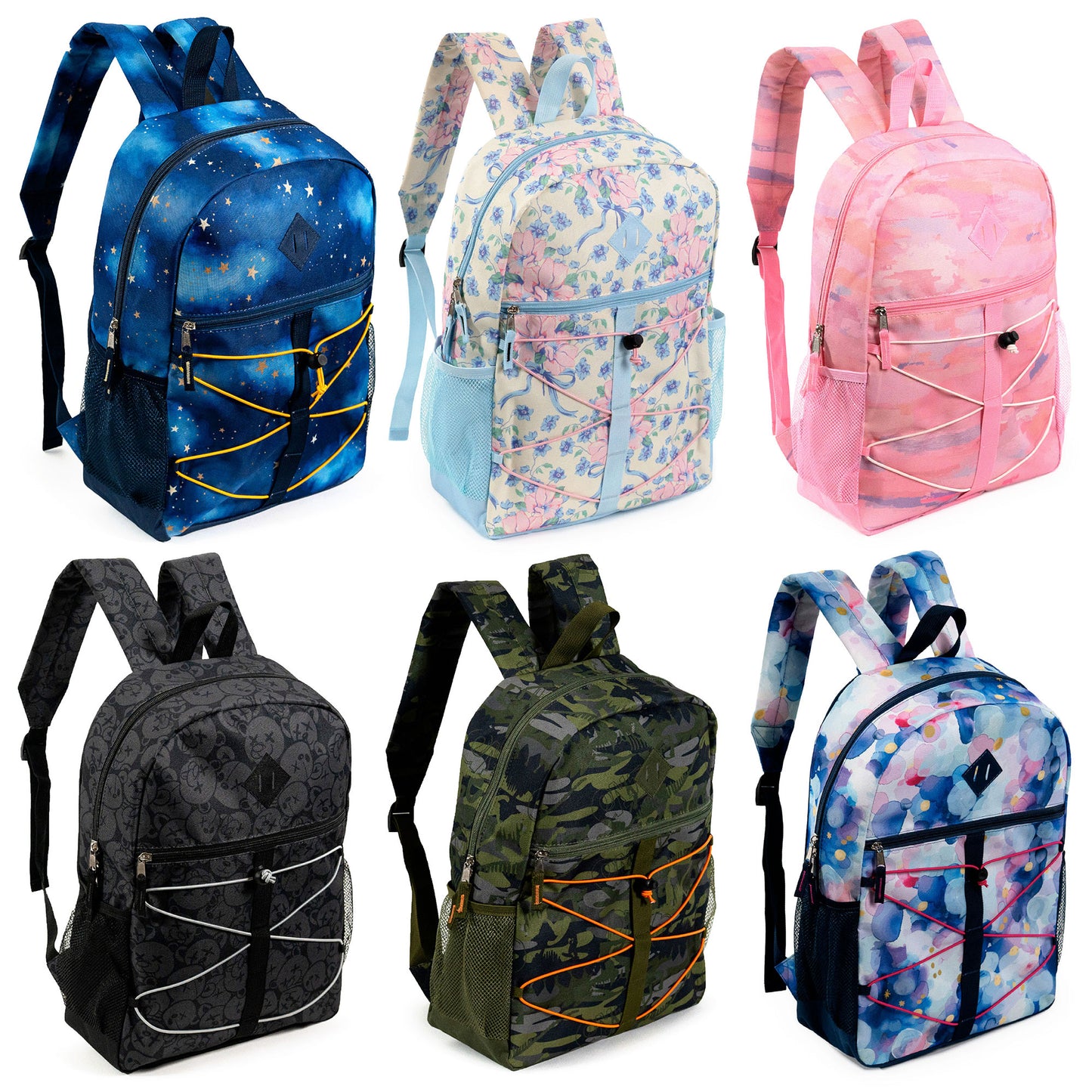 17" Bungee Cord Design Wholesale Backpacks in 12 Colors / Patterns - Bulk Case of 24 ($6.50 / UNIT - ITEM: DWBP-359-24)