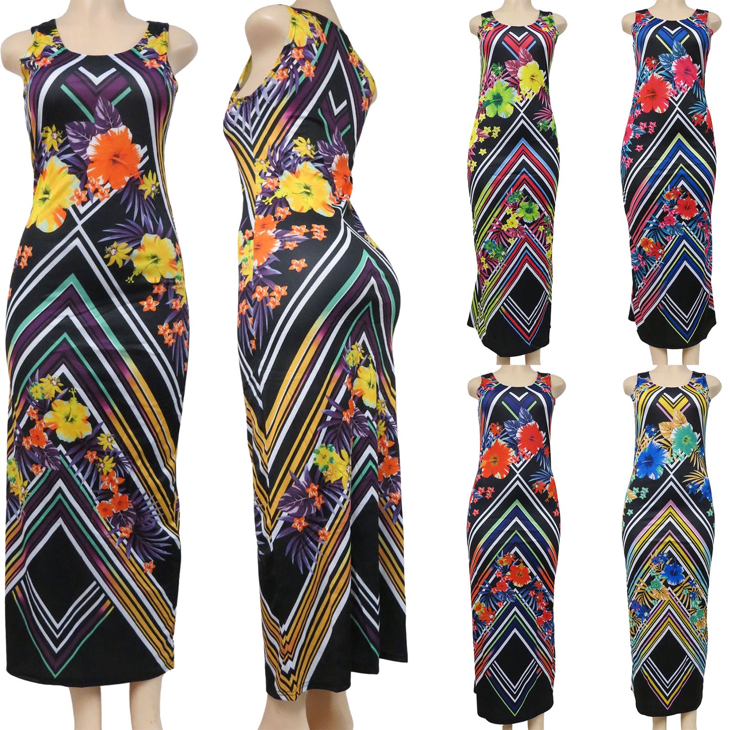 wholesale long sleeveless dress for women in an abstract pattern with assorted colors