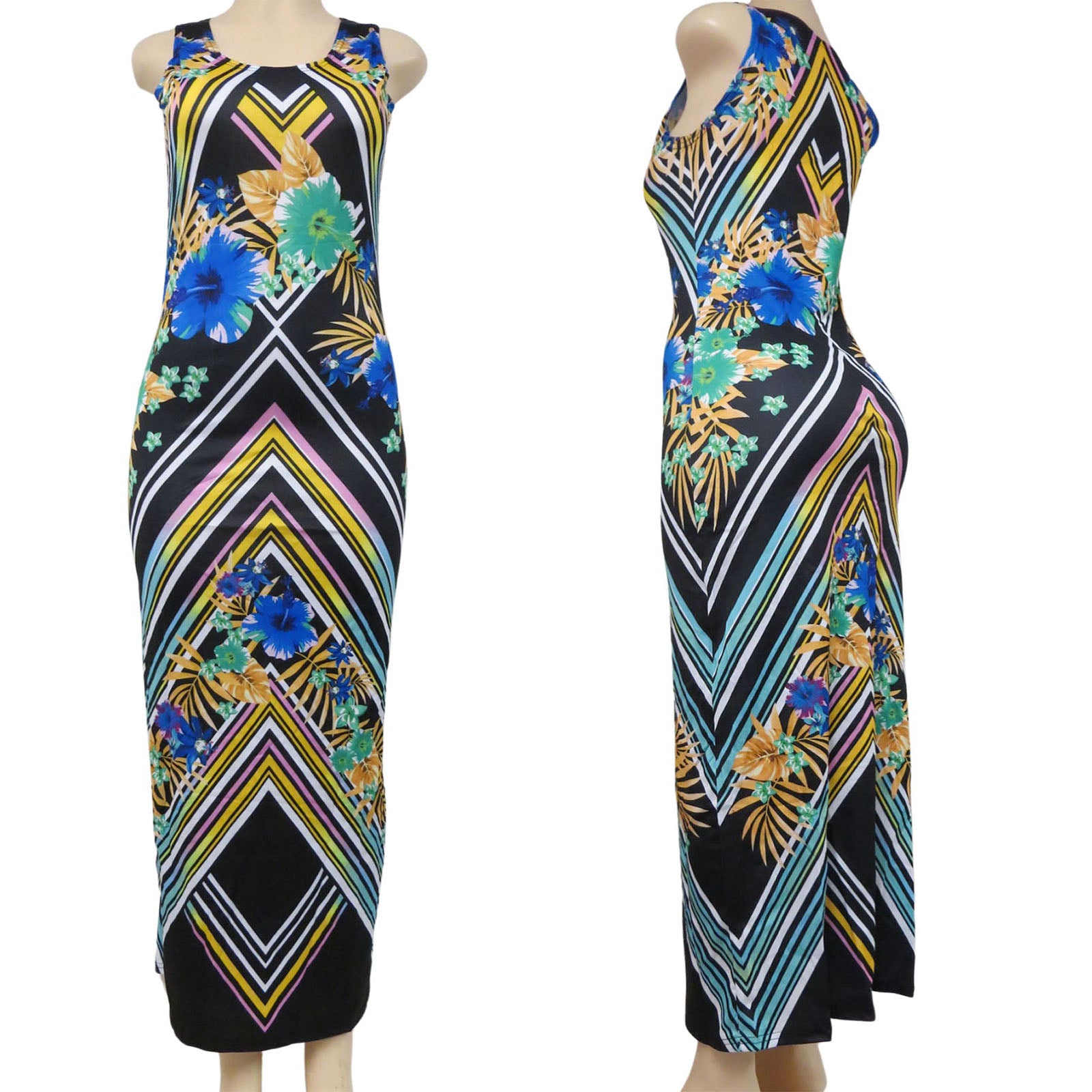 wholesale long sleeveless dress for women in an abstract pattern with black blue yellow and green