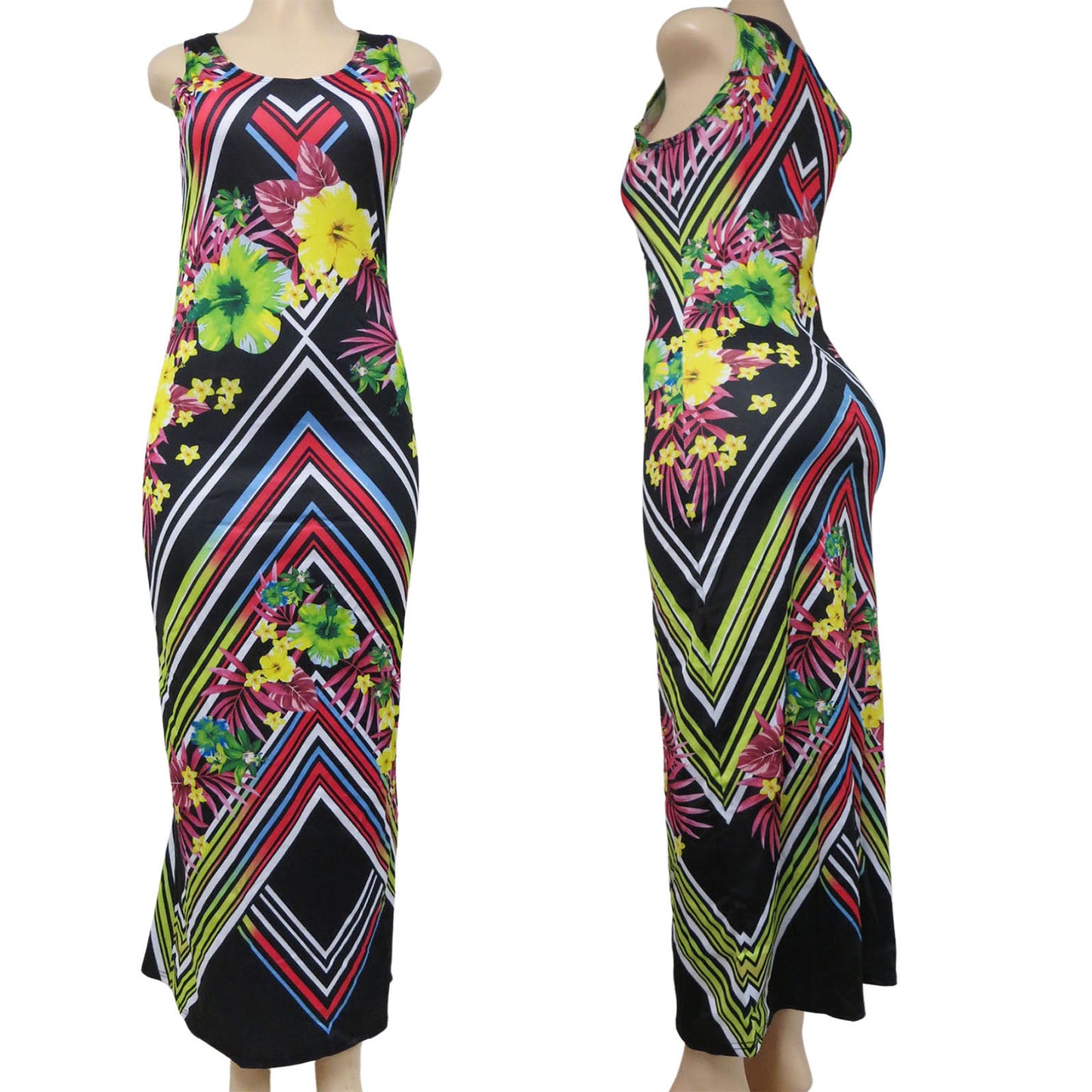 wholesale long sleeveless dress for women in an abstract pattern in black with yellow green pink and blue accents