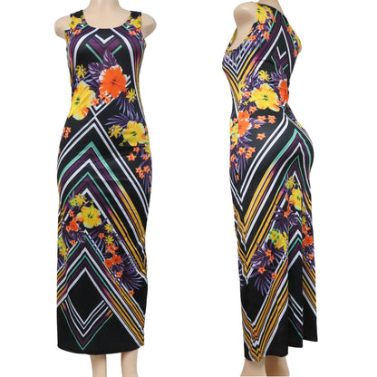 wholesale long sleeveless dress for women in a floral abstract pattern in black with yellow and orange