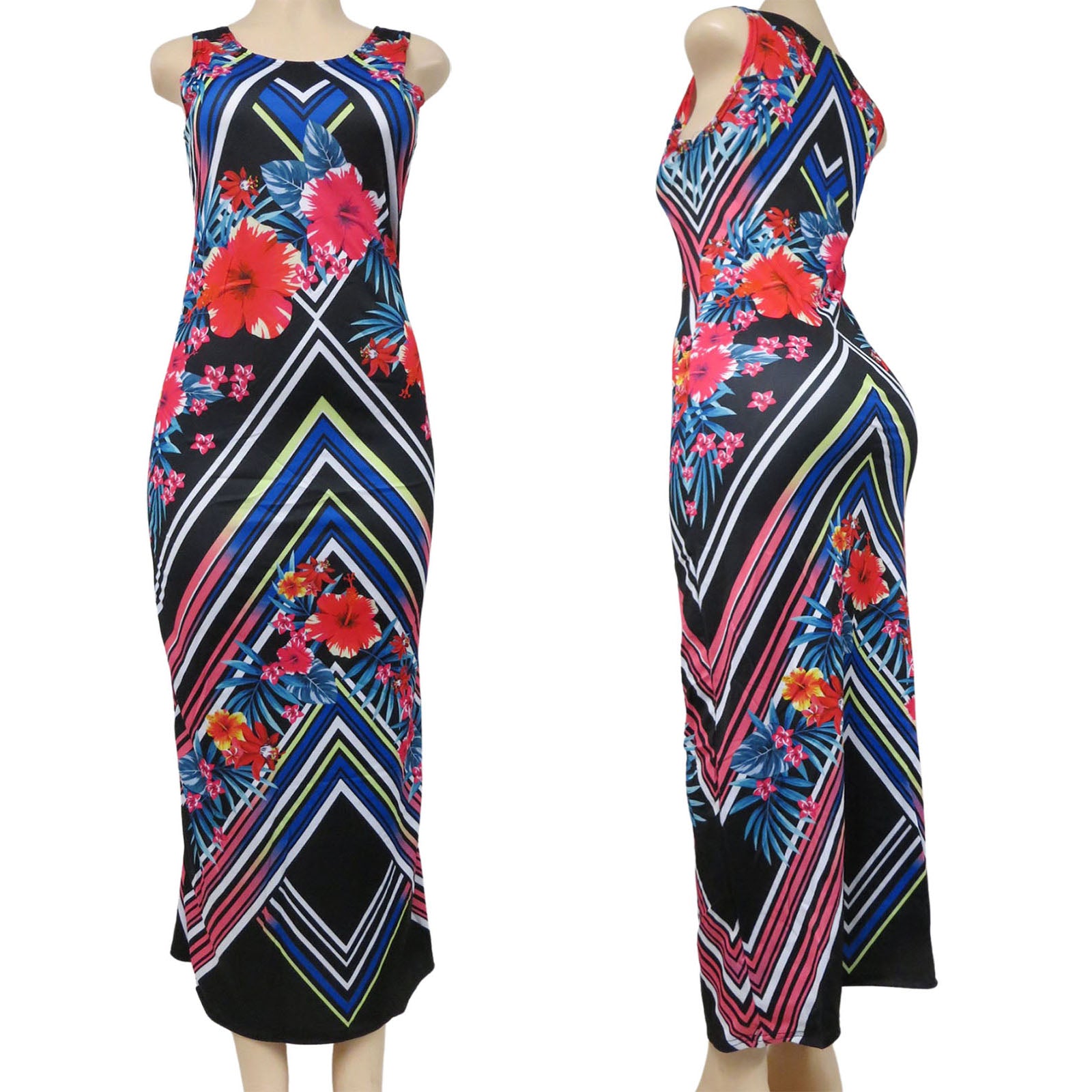 wholesale long sleeveless dress for women in an abstract floral pattern in black with blue pink and red accents