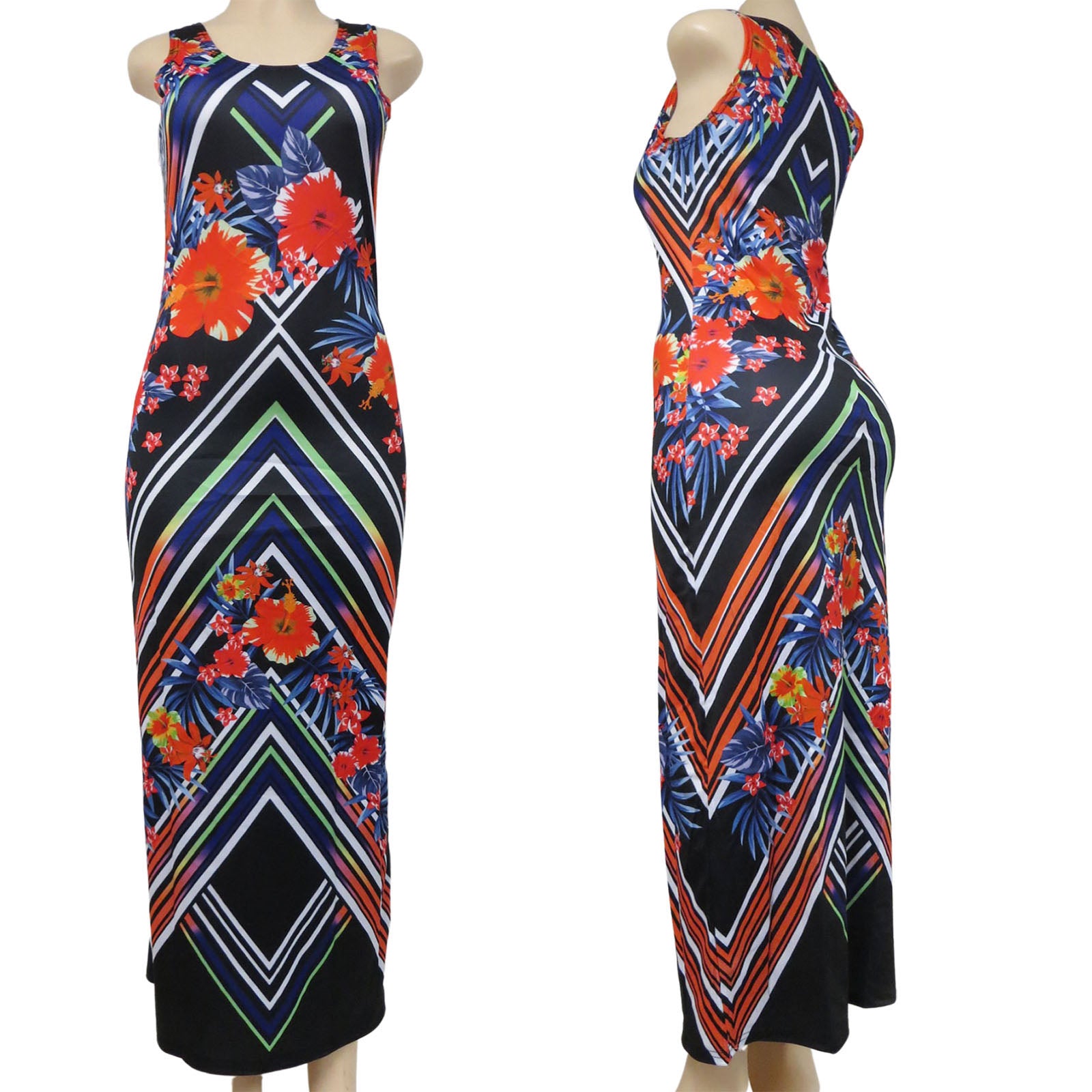 long sleeveless wholesale dress for women in an abstract floral pattern
