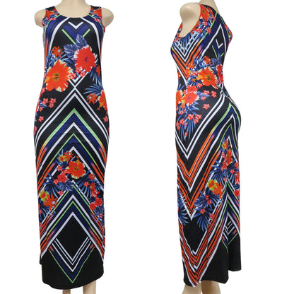 long sleeveless wholesale dress for women in an abstract floral pattern