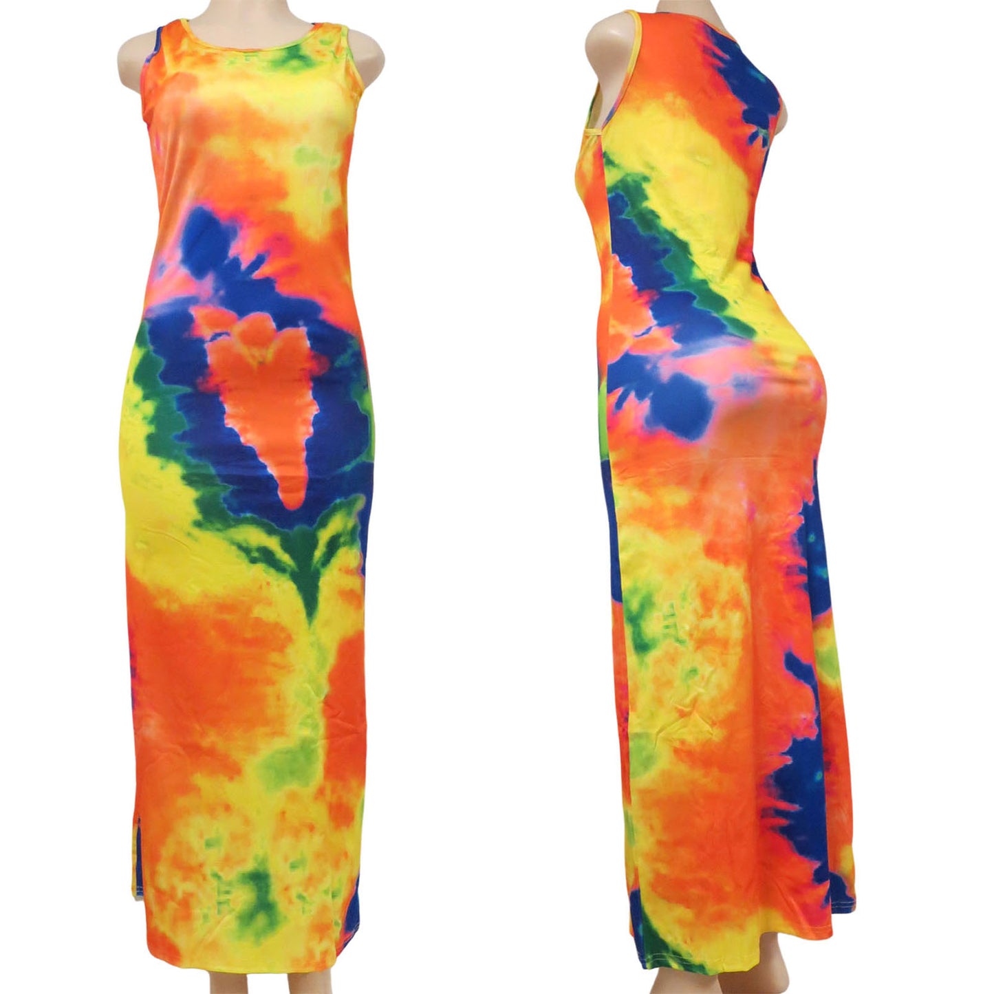 wholesale tie dye long sleeveless dress for women in multicolor yellow orange blue and green