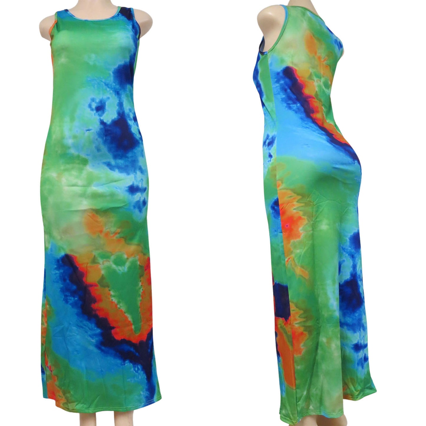 wholesale tie dye long sleeveless dress for women in multicolor green with blue and orange