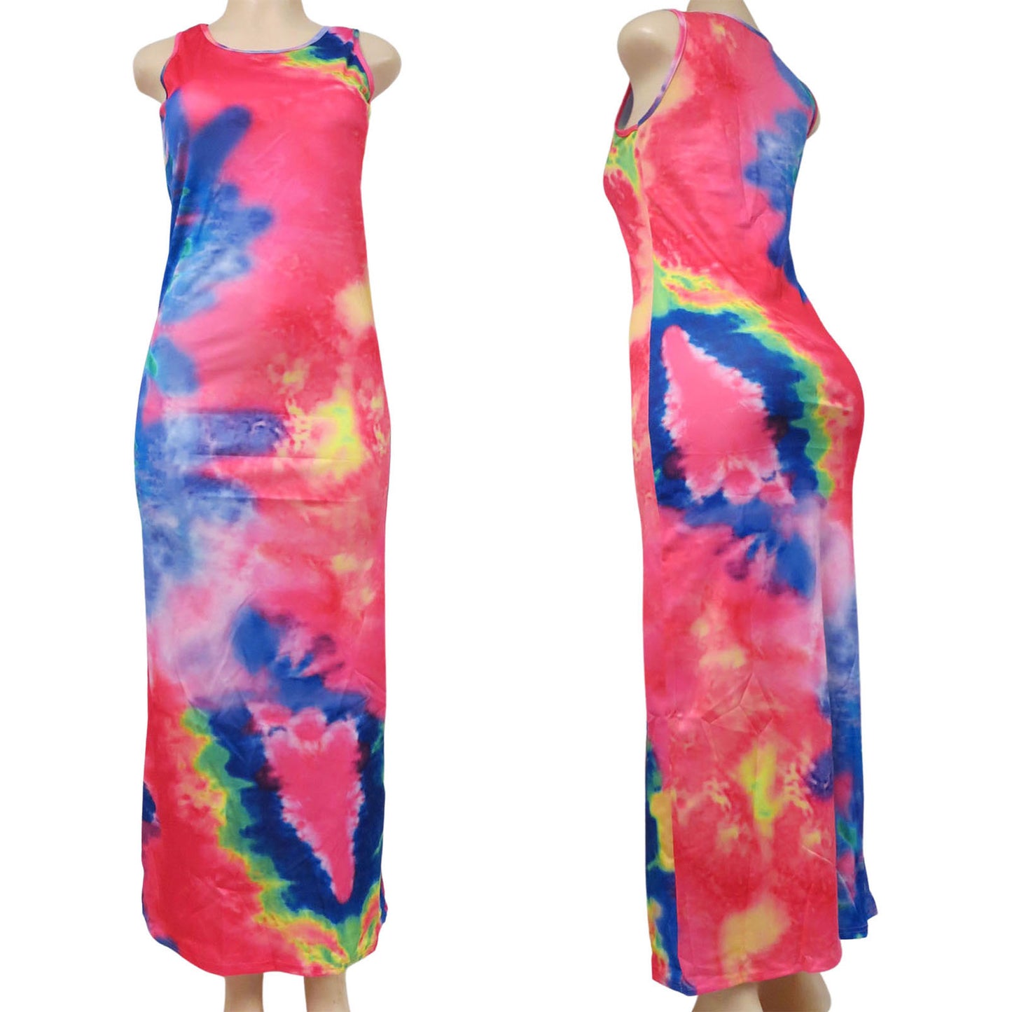 wholesale tie dye long sleeveless dress for women in multicolor pink with yellow green and blue