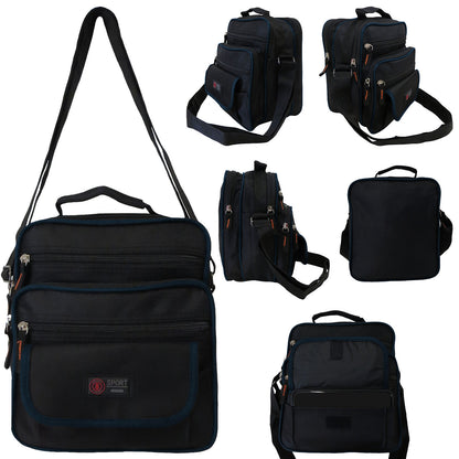 wholesale messenger bag in black with blue trim