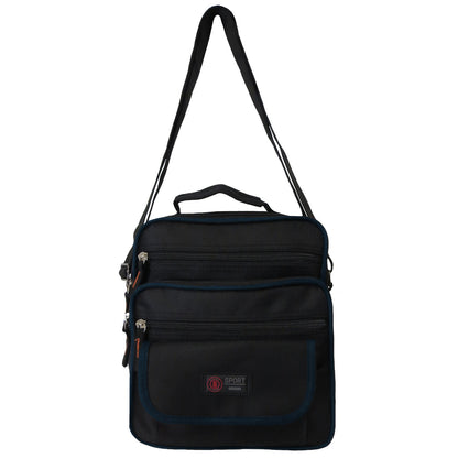 wholesale sling messenger bag in black with blue trim
