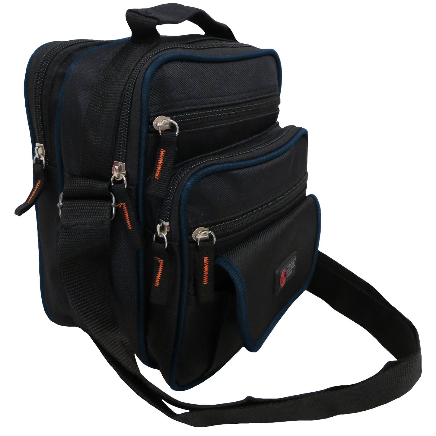 wholesale messenger bag in black with blue trim with a phone pocket