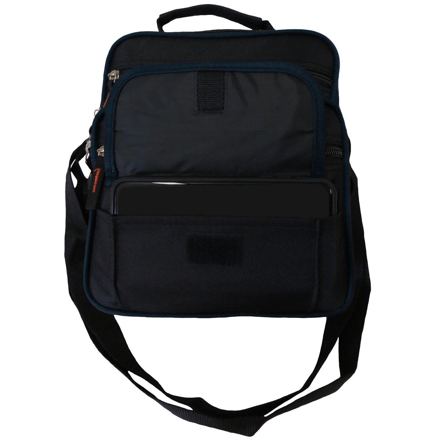 wholesale messenger bag in black with blue trim for travel or casual wear