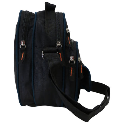 wholesale messenger bag in black with blue trim with multiple zipper close pockets