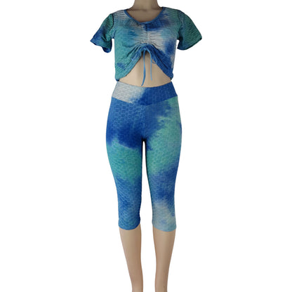 tiktok capri leggings wholesale tie dye 2 piece set blue multicolor