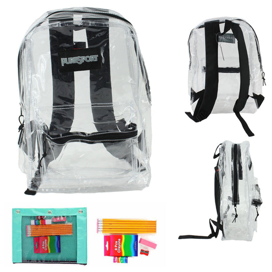 Wholesale clear backpacks 17 inch with elementary school supply kits