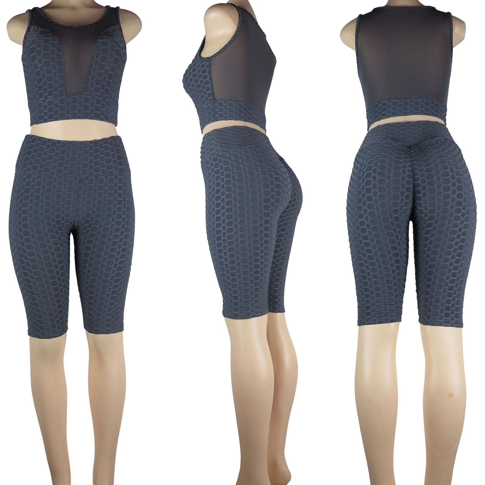 Wholesale TikTok bike shorts set with mesh and scrunch butt bubble design in gray