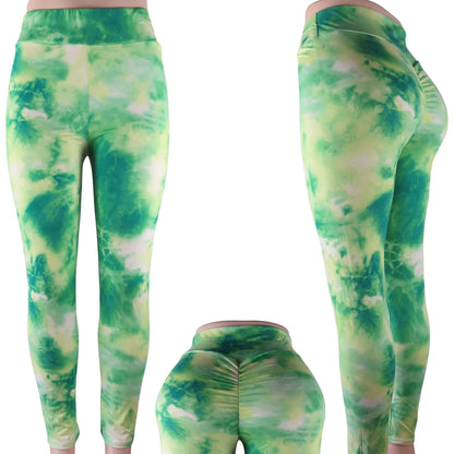 tie dye wholesale leggings with a scrunch butt and high waist in green and yellow