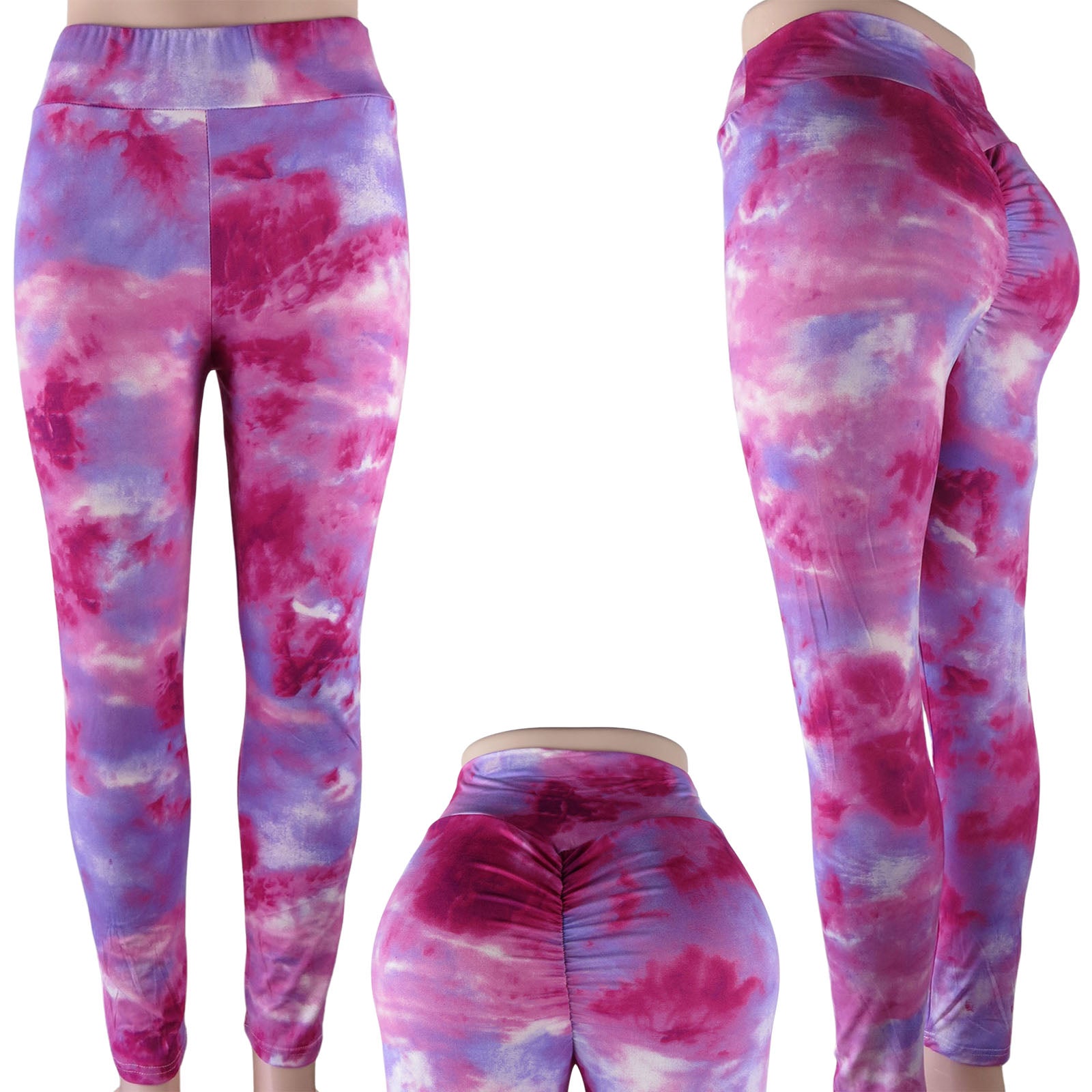 tie dye wholesale leggings with a scrunch butt and high waist in pink and purple blend