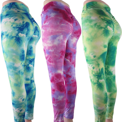 tie dye wholesale leggings with a scrunch butt and high waist in 3 different color blends
