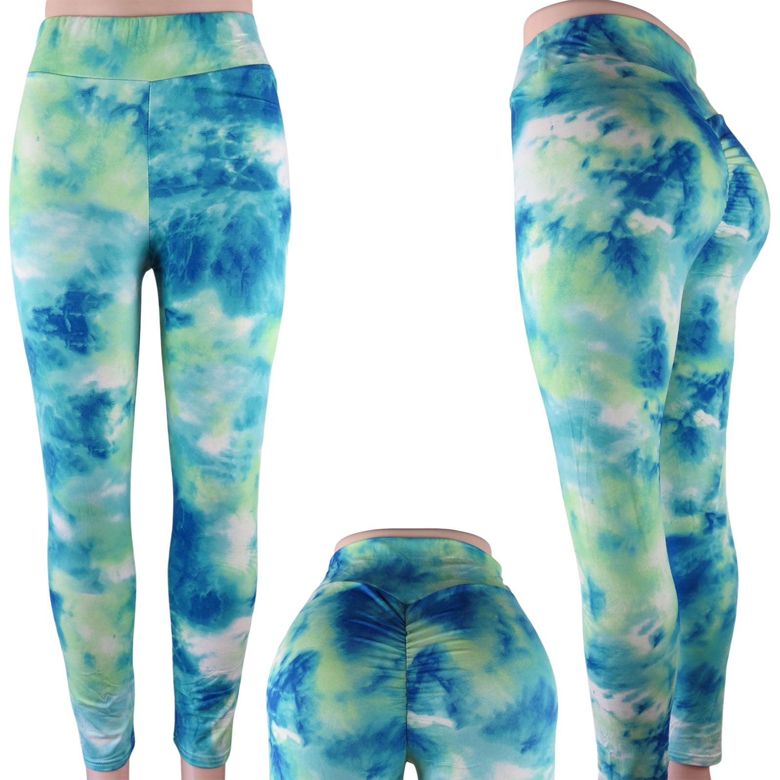 tie dye wholesale leggings with a scrunch butt and high waist in blue with green blend
