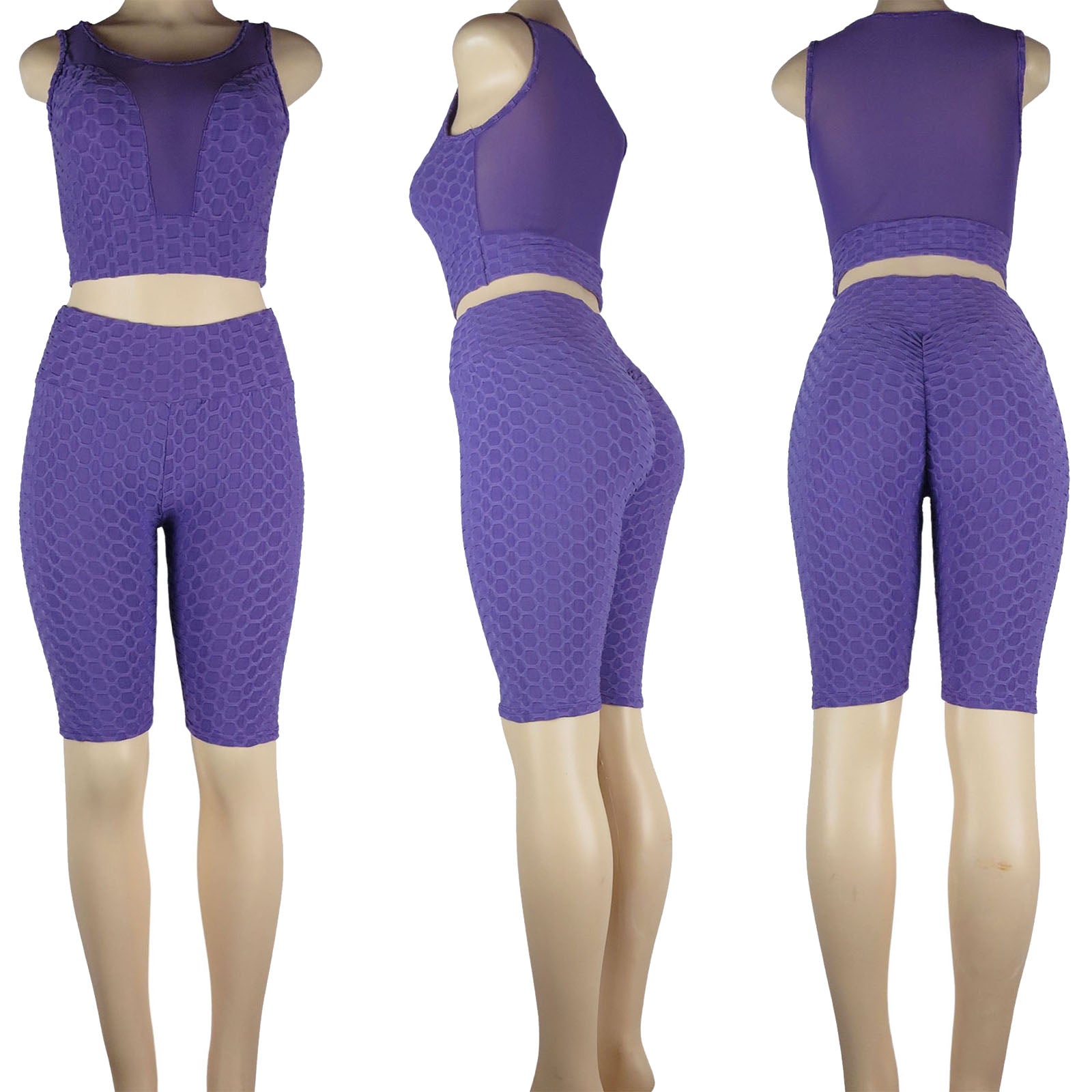 Wholesale TikTok bike shorts set with mesh and scrunch butt bubble design in purple