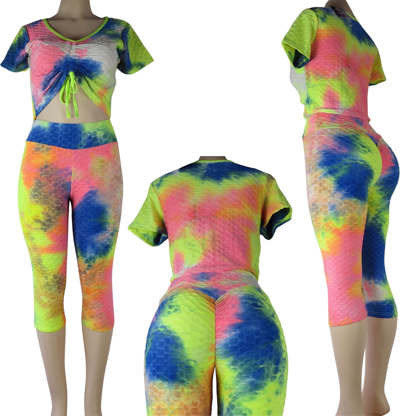tiktok capri leggings wholesale tie dye 2 piece set rainbow color high waist
