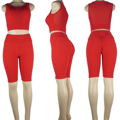 Wholesale TikTok bike shorts set with mesh and scrunch butt bubble design in red