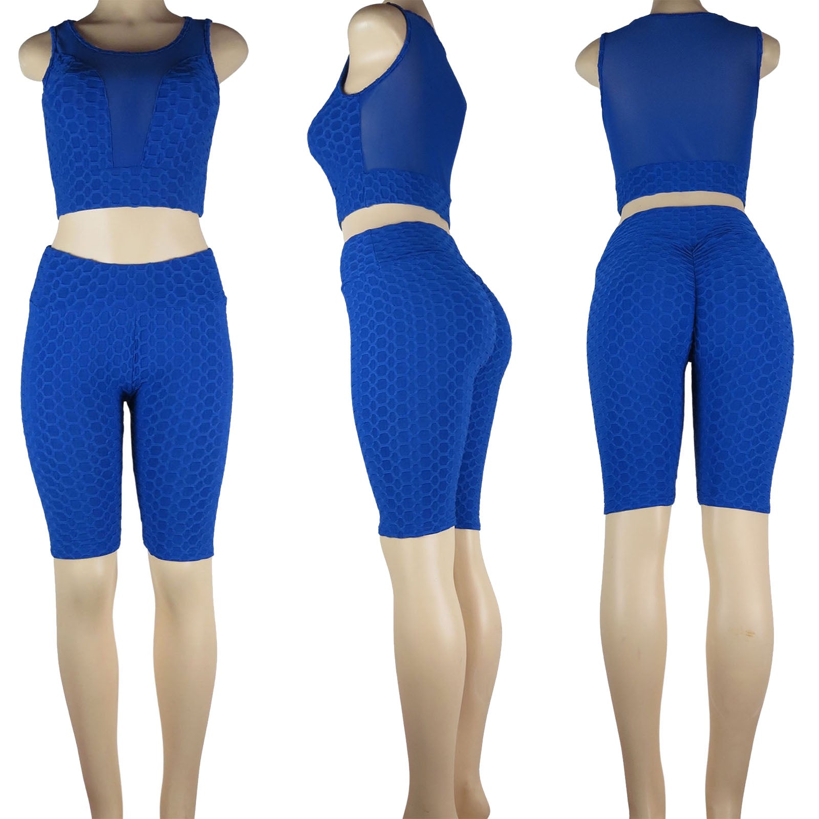 Wholesale TikTok bike shorts set with mesh and scrunch butt bubble design in royal blue