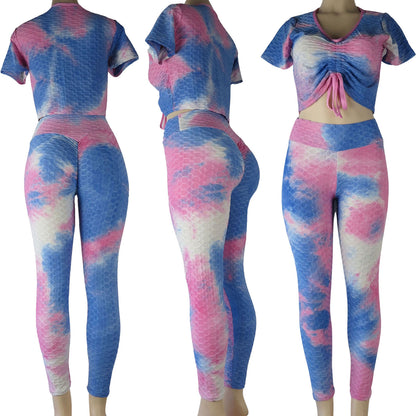 wholesale tiktok leggings 2 piece set crop top and high waist anti cellulite leggings tie dye blue and pink