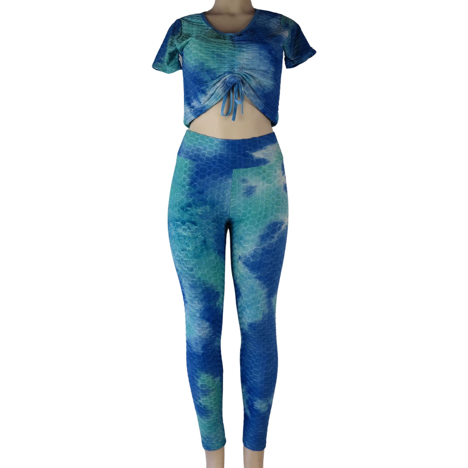wholesale tiktok leggings 2 piece set crop top and high waist anti cellulite leggings tie dye blue and teal