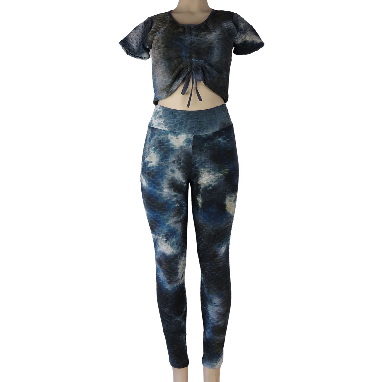 wholesale tiktok leggings 2 piece set crop top and high waist anti cellulite leggings tie dye black and gray